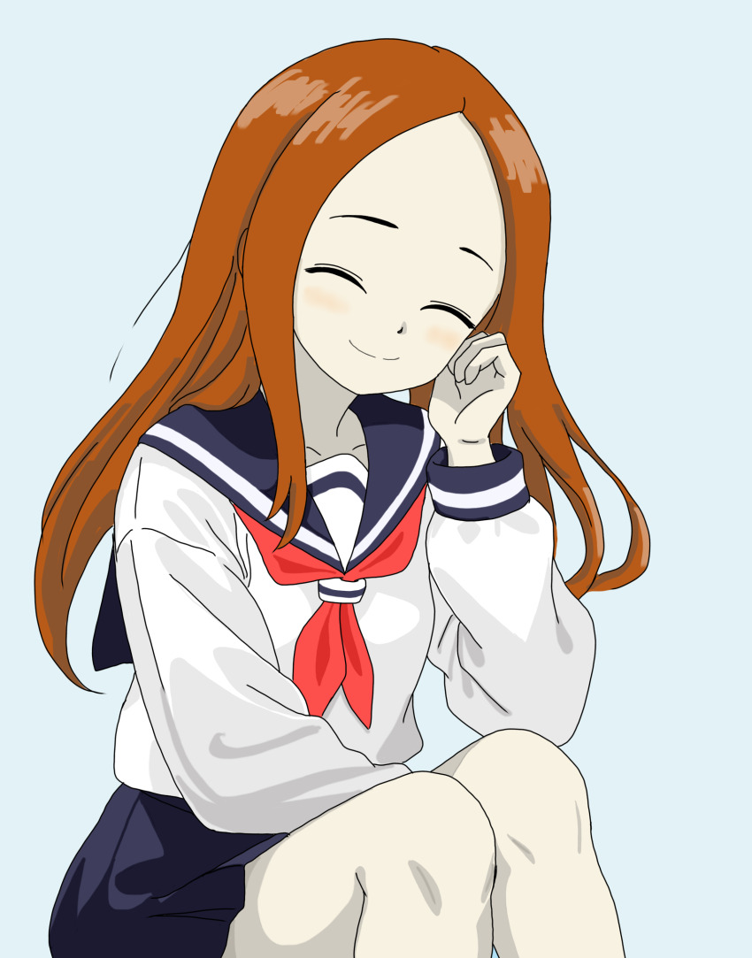 1girl black_sailor_collar bone_namu(namu49850) brown_eyes closed_eyes commentary_request forehead highres karakai_jouzu_no_takagi-san long_sleeves miniskirt neckerchief pleated_skirt red_neckerchief sailor_collar school_uniform serafuku sitting skirt smile solo takagi-san