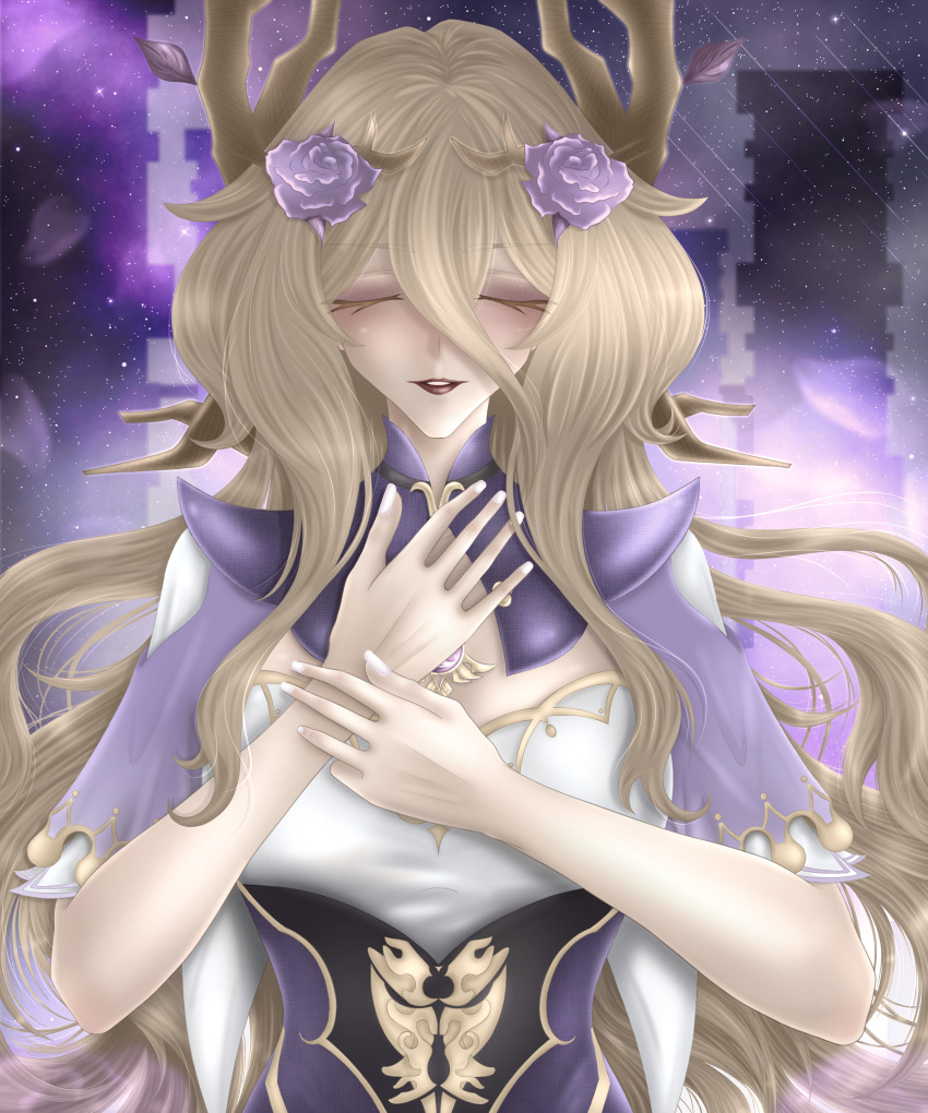 1girl absurdres blonde_hair capelet corset flower genshin_impact highres honkai:_star_rail honkai_(series) lisa_(genshin_impact) long_hair non-web_source purple_background purple_capelet purple_corset purple_flower purple_rose rose vision_(genshin_impact) witch