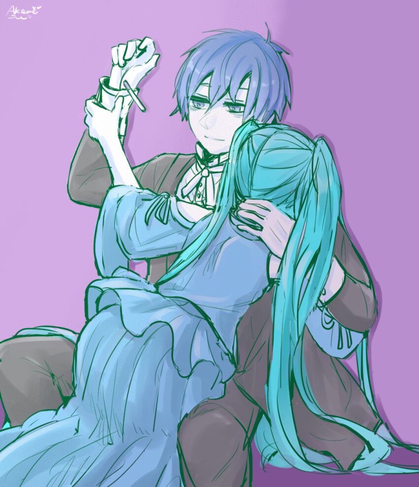 akame_(akame0516) aqua_hair bags_under_eyes bare_shoulders black_suit blue_dress cigarette clothing_cutout dress empty_eyes evillious_nendaiki formal_clothes frilled_dress frills grey_eyes hand_on_another&#039;s_back hatsune_miku highres holding_another&#039;s_wrist hug husband_and_wife kaito_(vocaloid) kaspar_blankenheim long_hair margarita_blankenheim nemurase_hime_kara_no_okurimono_(vocaloid) pale_skin purple_background short_hair shoulder_cutout sitting smoking suit twintails very_long_hair vocaloid