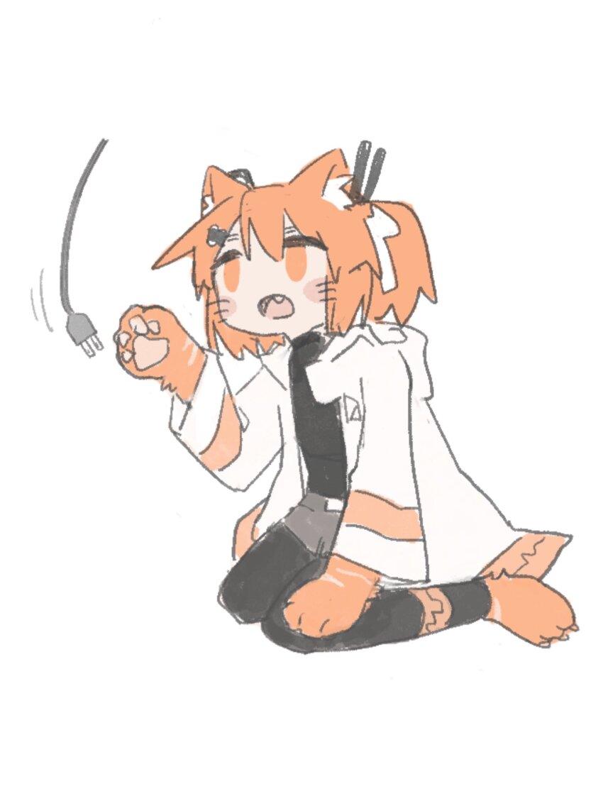 1girl a.i._voice adachi_rei animal_ears animal_feet animal_hands black_pantyhose black_shirt blush blush_stickers cat_ears cat_girl cat_paws electric_plug fang grey_skirt hair_ornament hair_ribbon hairclip hand_on_own_thigh hand_up highres hood hood_down hooded_jacket jacket kemonomimi_mode miniskirt one_side_up open_clothes open_jacket open_mouth orange_eyes orange_hair pantyhose playing radio_antenna ribbon shirt short_hair simple_background sitting skirt solo t_h_o_m utau wariza whiskers white_background white_jacket white_ribbon