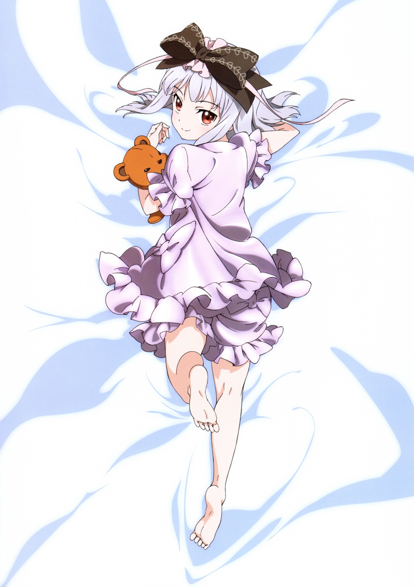 10s 1girl absurdres akari_(fantasista_doll) barefoot bow dakimakura_(medium) fantasista_doll feet female_focus full_body hair_bow highres official_art pajamas red_eyes scan silver_hair soles solo stuffed_animal stuffed_toy teddy_bear toes