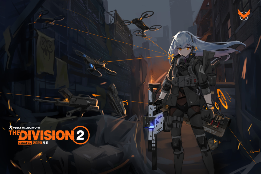 1girl absurdres ammunition_pouch black_gloves closed_mouth elbow_pads gabafw gas_mask gloves grey_sky gun hair_between_eyes headphones highres holding holding_gun holding_weapon knee_pads kriss_usa kriss_vector long_hair looking_at_viewer magpul mask military military_uniform orange_eyes original osprey_45 outdoors polygonal_suppressor pouch robot silencerco sky sleeves_rolled_up solo standing submachine_gun suppressor tom_clancy&#039;s_the_division transformational_defense_industries v-shaped_eyebrows weapon white_hair