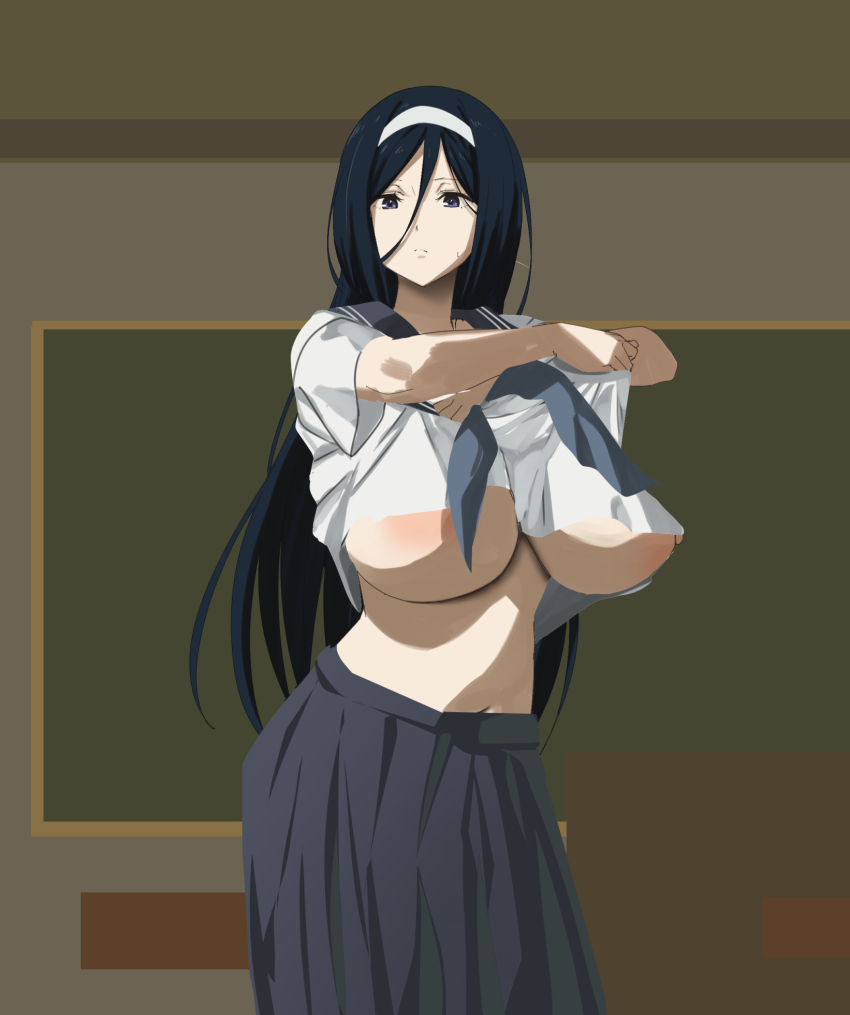 1girl black_hair blue_skirt breasts chalkboard classroom commentary fuooooo hairband highres hyouka irisu_fuyumi large_breasts long_hair looking_at_viewer navel nipple_slip nipples no_bra school_uniform serafuku shirt sideboob skirt solo underboob undressing white_hairband white_shirt