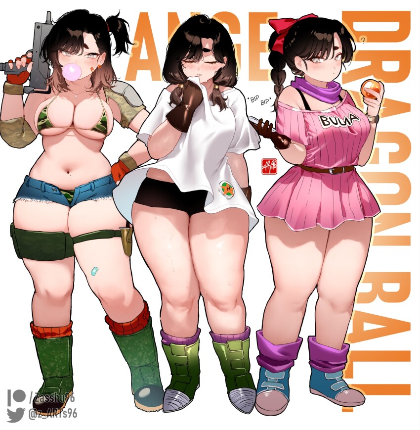 1girl ange_(zasshu) bikini blush breasts brown_hair bulma bulma_(cosplay) cleavage cosplay curvy dragon_ball dragon_ball_(classic) dragonball_z grey_eyes gun highres large_breasts launch_(cosplay) long_hair looking_at_viewer lunch_(bad)_(dragon_ball) lunch_(dragon_ball) mac-10/11 micro_bikini navel original patreon_logo patreon_username plump shoes simple_background sneakers standing submachine_gun sweat swimsuit thick_thighs thighs twitter_username videl videl_(cosplay) weapon white_background wide_hips zasshu