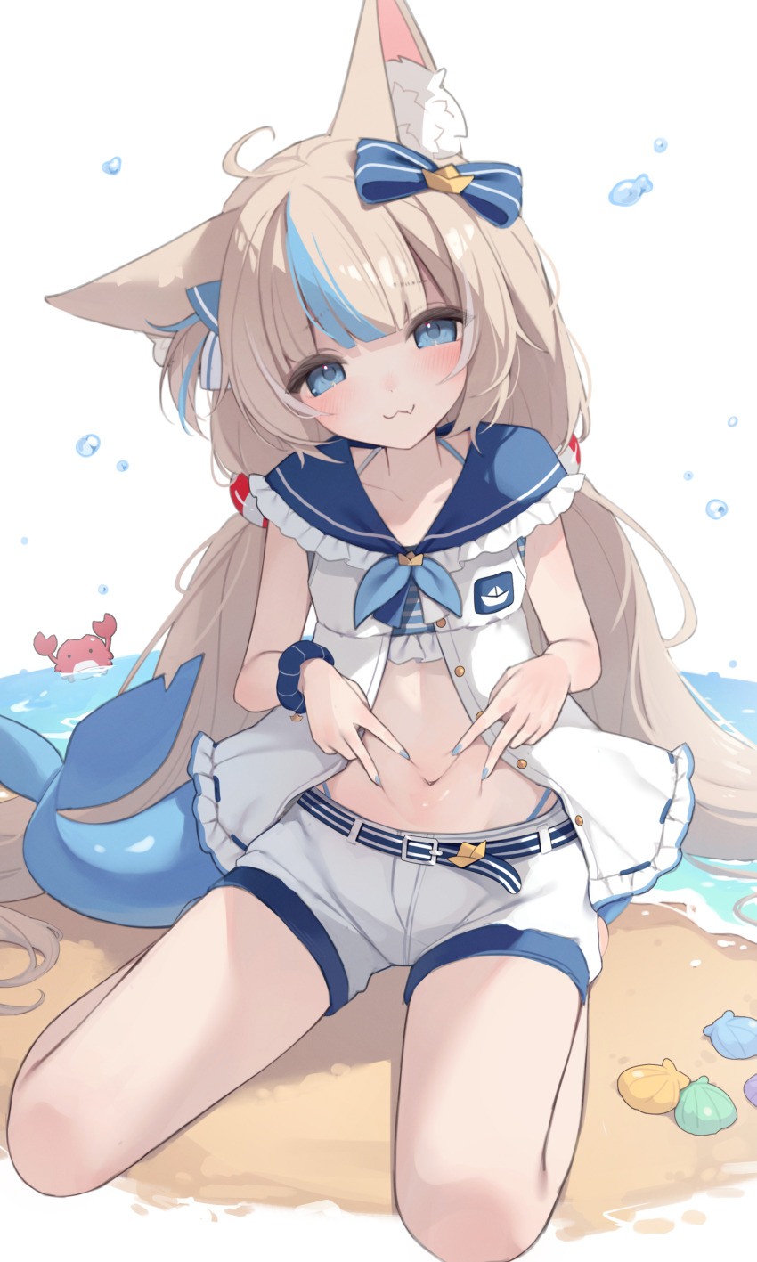 1girl :3 absurdres ahoge animal_ear_fluff animal_ears beach belt belt_buckle bikini bikini_under_clothes blonde_hair blue_belt blue_bikini blue_bow blue_eyes blue_hair blue_nails blue_neckerchief blue_sailor_collar blue_scrunchie blue_tail blunt_bangs blush bow breasts bubble buckle cat_ears closed_mouth collarbone commentary crab dress fang fins fish_girl fish_tail frilled_sailor_collar frills full_body hair_bow highres hiroside indie_virtual_youtuber lifebuoy_hair_ornament long_hair looking_at_viewer low_twintails multicolored_hair nail_polish navel neckerchief one_side_up open_clothes open_dress revision sailor_collar sameko_saba sand scrunchie seashell shell short_shorts shorts sitting skin_fang skindentation sleeveless sleeveless_dress small_breasts smile solo streaked_hair striped_belt swimsuit tail twintails very_long_hair virtual_youtuber wariza water white_background white_dress white_shorts wrist_scrunchie