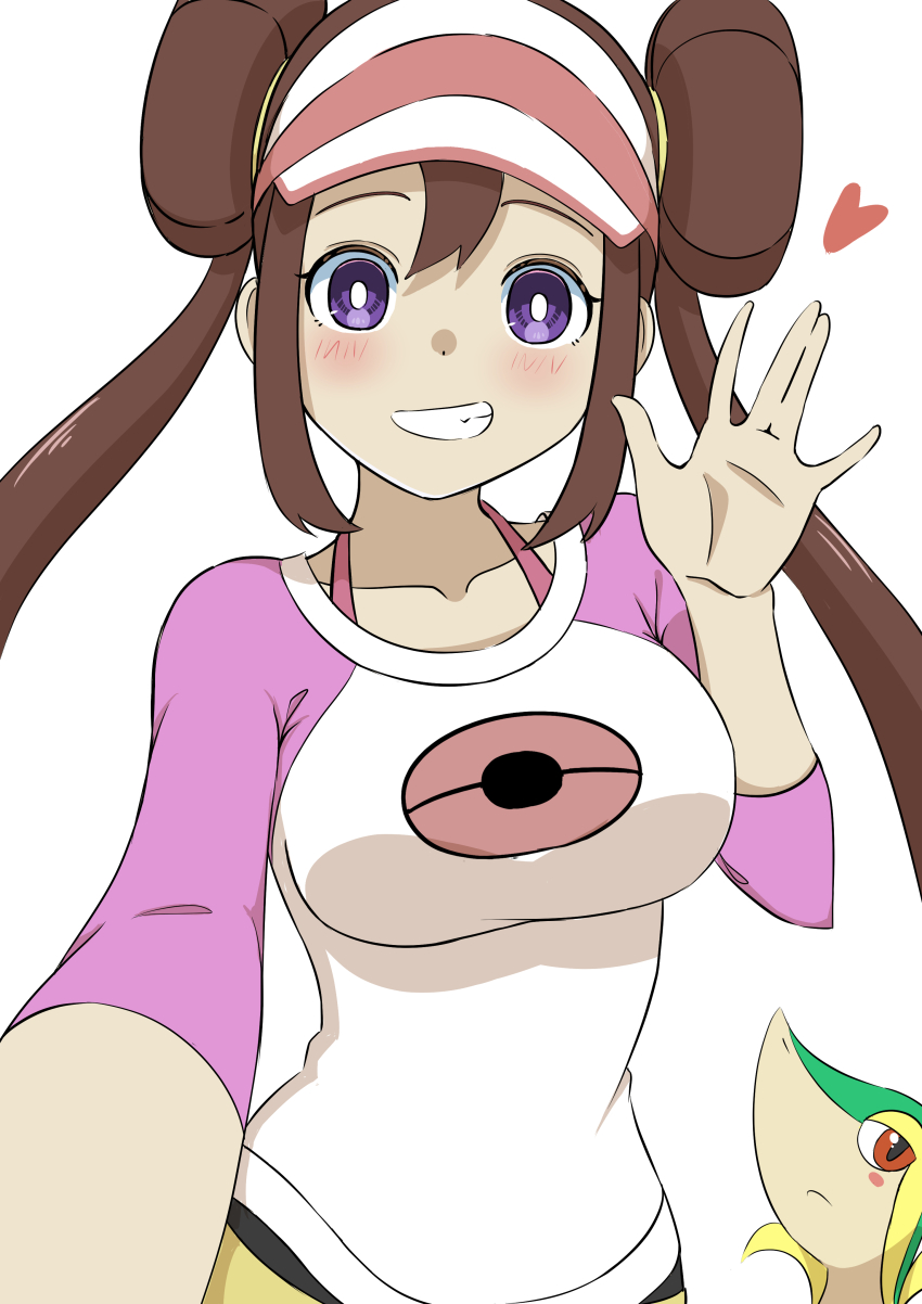 1girl absurdres alternate_breast_size alternate_color alternate_eye_color bakenokawa blush breasts bright_pupils brown_hair collarbone commentary_request double_bun gen_5_pokemon grin hair_bun hand_up heart highres large_breasts long_hair looking_at_viewer nintendo pokemon pokemon_(creature) pokemon_bw2 purple_eyes rosa_(pokemon) selfie shorts simple_background smile snivy teeth twintails visor_cap white_background white_pupils yellow_shorts