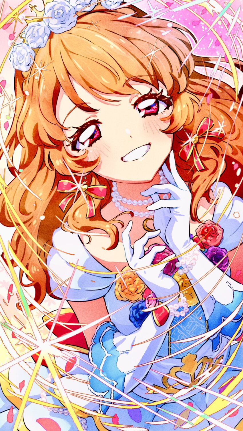 1girl aikatsu! aikatsu!_(series) blue_flower blue_rose blush commentary dot_nose dress dress_flower elbow_gloves english_commentary flower gloves grin hair_flower hair_ornament half-closed_eyes hand_on_own_cheek hand_on_own_face hand_up happy highres idol idol_clothes jewelry long_hair looking_at_viewer necklace official_alternate_costume orange_hair ozora_akari pearl_necklace pink_flower pink_rose purple_flower purple_rose red_eyes red_flower red_rose rose smile solo sparkle strapless strapless_dress tiara wanowanoji67 wavy_hair white_dress white_flower white_gloves white_rose yellow_flower yellow_rose