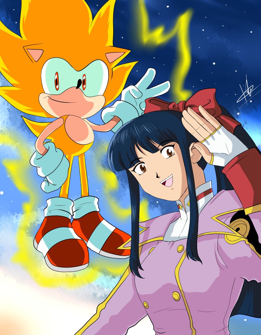 1boy 1girl absurdres artist_name blue_hair bow breasts brown_eyes crossover fingerless_gloves gloves hair_ribbon hand_on_own_hip highres looking_at_viewer medium_breasts military_uniform open_mouth ponytail red_bow ribbon sakura_taisen salute sega shinguuji_sakura shinzankuro smile sonic_(series) sonic_the_hedgehog super_sonic teeth tongue two-finger_salute v