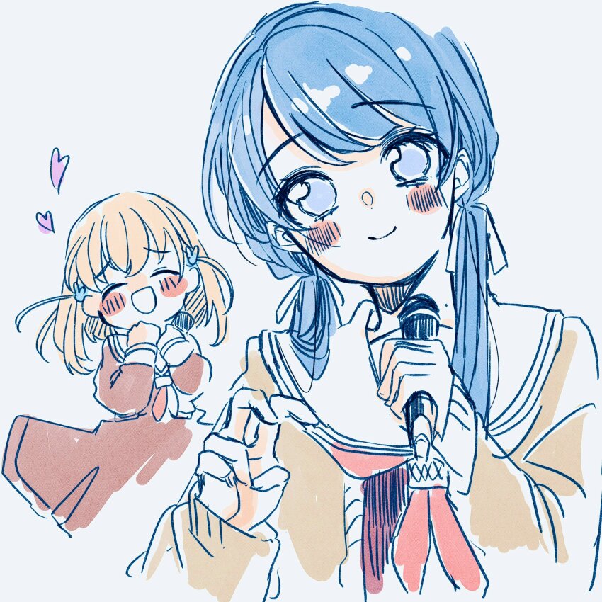 2girls :d ^_^ blue_eyes blue_hair blush brown_cardigan brown_dress cardigan clenched_hands closed_eyes closed_mouth commentary crossed_bangs dark_blue_hair dress hair_ornament hair_ribbon hasu_no_sora_school_uniform heart highres hinoshita_kaho holding holding_microphone link!_like!_love_live! long_hair long_sleeves looking_at_viewer love_live! low_twintails medium_dress medium_hair microphone mole mole_on_neck multiple_girls murano_sayaka neckerchief open_cardigan open_clothes open_mouth orange_hair pleated_dress rabbit_hair_ornament red_neckerchief ribbon sailor_collar sailor_dress school_uniform shin_(shnnnnrn1) simple_background smile symbol-only_commentary twintails two_side_up upper_body v virtual_youtuber white_background white_sailor_collar winter_uniform