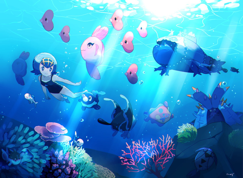 1girl :3 alomomola artist_name bad_id bad_pixiv_id bare_shoulders barefoot black_eyes blue_hair blue_one-piece_swimsuit blue_theme blush_stickers bruxish bubble closed_mouth collarbone coral eye_contact female_focus fish flat_chest from_behind full_body gen_3_pokemon gen_4_pokemon gen_5_pokemon gen_7_pokemon hairband happy jpeg_artifacts lana_(pokemon) looking_at_another lumineon luvdisc mei_(maysroom) nintendo ocean one-piece_swimsuit open_mouth pokemon pokemon_(anime) pokemon_(creature) pokemon_sm_(anime) popplio purple_eyes revision short_hair signature smile sunlight swimming swimsuit toxapex trial_captain underwater wimpod wishiwashi wishiwashi_(school) wishiwashi_(solo) yellow_hairband