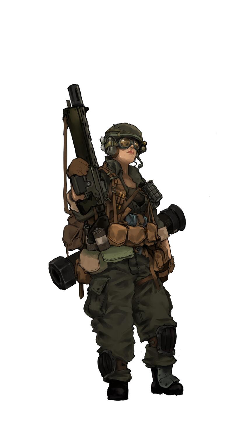 1girl absurdres ammunition_pouch armor astra_militarum boots catachan_jungle_fighter explosive gloves goggles greaves grenade gun_sling headset helmet highres knee_pads lasgun midnattthol military_uniform pouch rocket_launcher simple_background solo vest warhammer_40k weapon white_background