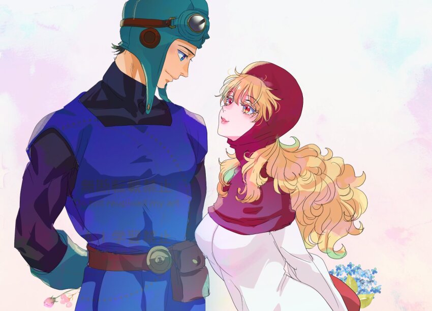 1boy 1girl belt belt_buckle black_bodysuit black_hair blonde_hair blue_eyes blue_flower blue_hat blue_tunic blunt_bangs bodysuit breasts buckle closed_mouth commentary_request cousins curly_hair dragon_quest dragon_quest_ii flower goggles goggles_on_headwear hat height_difference holding holding_flower kei_(desafinado) long_hair looking_at_another medium_breasts pink_flower pink_hood prince_of_lorasia princess_of_moonbrook profile red_eyes robe short_hair toned toned_male tunic turtleneck turtleneck_bodysuit upper_body white_robe