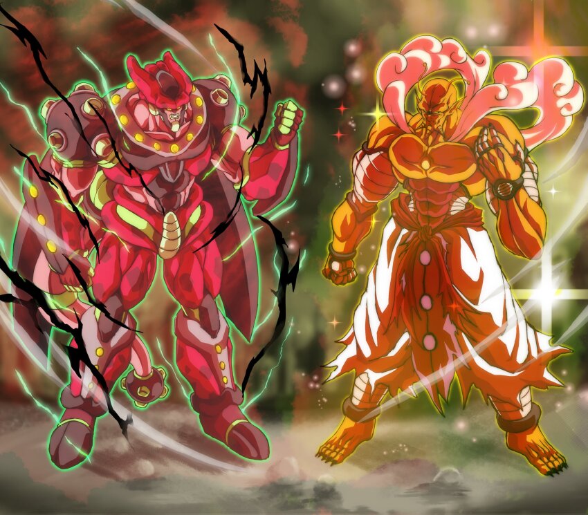 1boy 1other alternate_form antennae arm_up armor aura barefoot belt biomechanical black_carapace black_lightning black_nails black_wings carapace cell_max chin_spike cityscape clenched_hand clenched_hands cloud cloud_clothes cloudy_sky colored_skin commentary corrupted_twitter_file dragon_ball dragon_ball_super dragon_ball_super_super_hero energy english_commentary fingernails fog full_body glowing green_aura green_carapace green_lightning green_skin hand_up highres insect_wings lens_flare mace martial_arts_belt monster muscular muscular_male namekian orange_piccolo orange_skin outer_glow pants pelvic_curtain piccolo pink_skin red_carapace redesign reykovlor sharp_fingernails sharp_toenails shoulder_armor sky sparkle sparkling_aura tail toenails topless_male torn_belt torn_clothes torn_pants weapon white_pants wind wings yellow_aura yellow_eyes