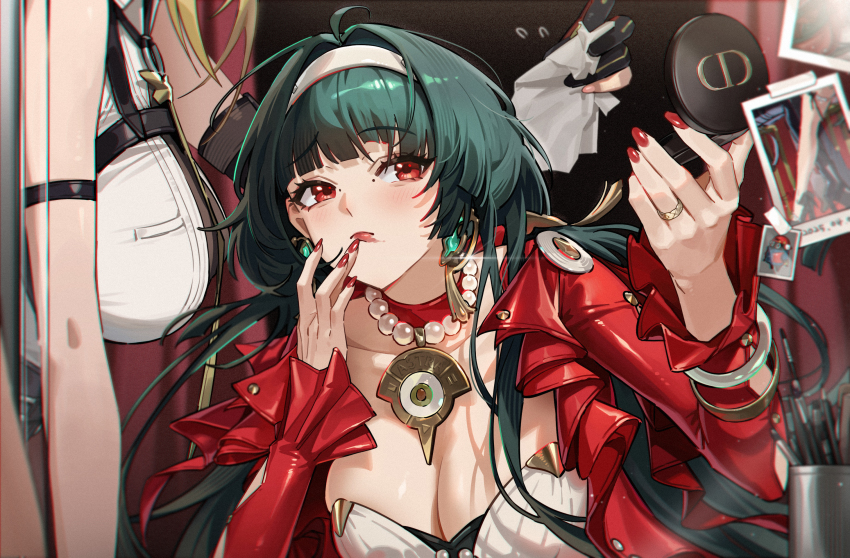 1girl 2girls ahoge applying_makeup aqua_hair arm_strap astra_yao bead_necklace beads black_gloves blonde_hair blunt_bangs blush breast_strap breasts cleavage closed_mouth collarbone detached_collar double-parted_bangs earrings evelyn_chevalier fingernails flying_sweatdrops foot_out_of_frame gloves hair_intakes hairband hand_mirror highres jacket jewelry large_breasts lipstick long_fingernails long_sleeves makeup mirror mole multiple_girls nail_polish necklace open_clothes open_jacket red_eyes red_jacket red_nails rhtkd ring smeared_lipstick white_hairband zenless_zone_zero