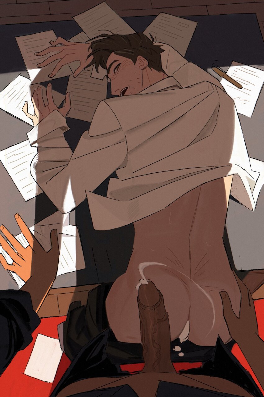 2boys absurdres after_anal aftersex alternate_universe arm_support ass back beard_stubble bent_over black_pants brown_hair clothes_lift clothes_pull collared_shirt cum cum_on_ass cum_on_back cum_on_body cumdrip dark-skinned_male dark_skin desk dingnin98201637 ejaculation facial_hair hand_on_another&#039;s_ass highres long_sleeves looking_back male_focus marvel marvel_cinematic_universe miguel_o&#039;hara multiple_boys open_mouth open_pants pants pants_pull paper pencil peter_b_parker sex shirt shirt_lift short_hair sleeve_cuffs spider-man:_across_the_spider-verse spider-man_(series) spider-verse stubble teeth upper_teeth_only white_shirt yaoi