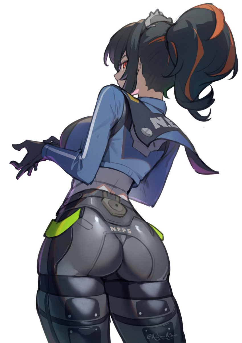 1girl ass back black_hair black_pants blue_jacket breasts high-waist_pants highres jacket large_breasts long_hair long_sleeves looking_at_viewer looking_back metal_hairband multicolored_hair orange_eyes orange_hair pants police police_uniform ponytail raijuu_(bakanara) shirt solo streaked_hair thighs tight_clothes tight_pants white_shirt zenless_zone_zero zhu_yuan