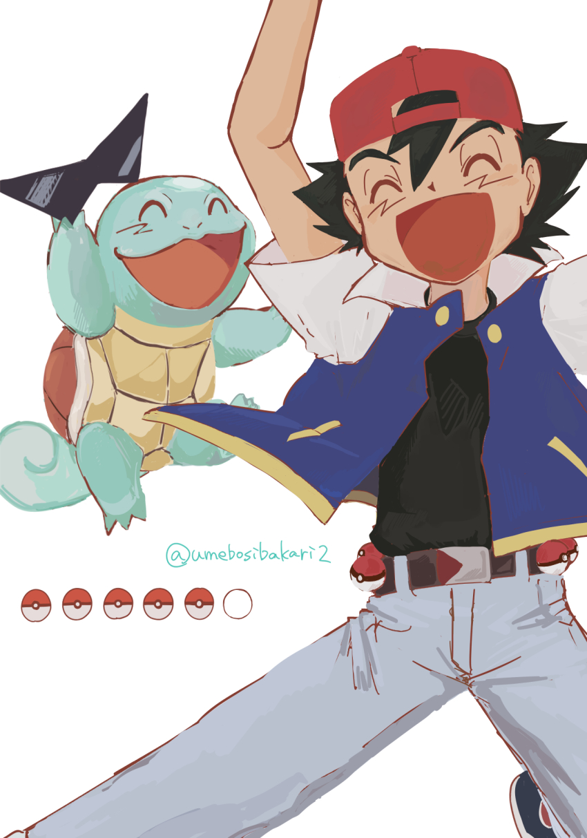 1boy arm_up ash_ketchum backwards_hat baseball_cap belt black_hair black_shirt blue_jacket closed_eyes commentary_request creatures_(company) game_freak gen_1_pokemon hat highres holding holding_removed_eyewear jacket male_focus nintendo open_mouth pants poke_ball poke_ball_(basic) pokemon pokemon_(anime) pokemon_(classic_anime) pokemon_(creature) red_hat shirt short_hair short_sleeves simple_background smile squirtle sunglasses twitter_username umebosibakari2 unworn_eyewear white_background