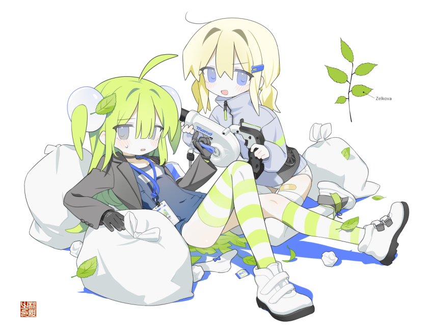 2girls ahoge asymmetrical_legwear bandaid_on_thigh black_gloves blonde_hair blue_one-piece_swimsuit daizu_(melon-lemon) full_body gloves green_hair grey_jacket hair_ornament hairclip holding holding_key id_card jacket key lapels leaf long_hair looking_at_viewer multiple_girls notched_lapels one-piece_swimsuit open_clothes open_jacket open_mouth original panties parted_lips school_swimsuit seal_impression shoes sitting socks striped_clothes striped_socks striped_thighhighs sweat swimsuit swimsuit_under_clothes thighhighs trash_bag twig two_side_up underwear uneven_legwear unworn_panties used_tissue white_shoes white_thighhighs