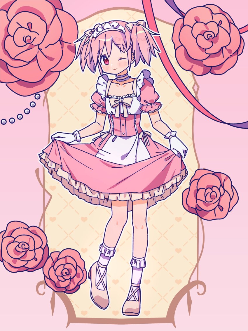 1girl absurdres dress floral_background flower gloves headdress highres kaname_madoka kaname_madoka_(magical_girl) looking_at_viewer mahou_shoujo_madoka_magica one_eye_closed pink_dress pink_hair red_flower ruru_(rurumagi) short_sleeves smile solo standing standing_on_one_leg white_gloves