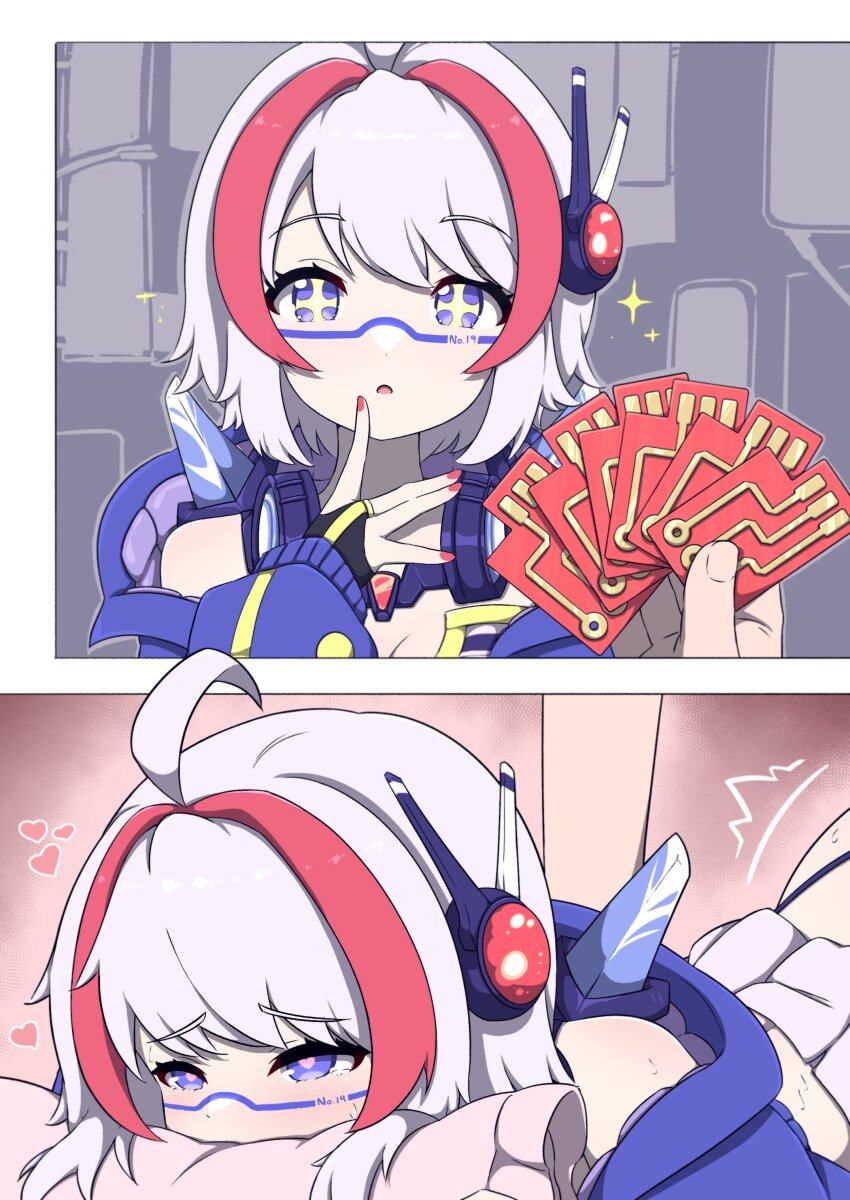 1girl absurdres ahoge blue_jacket breasts bridal_gauntlets cleavage commission facial_mark grey_hair headgear headphones headphones_around_neck heart highres implied_sex indie_virtual_youtuber instant_loss jacket kurotategami medium_breasts motion_lines multicolored_hair onolumi_(vtuber) pillow pink_pupils pov purple_eyes ram_(computer) red_hair red_nails short_hair sparkle streaked_hair virtual_youtuber