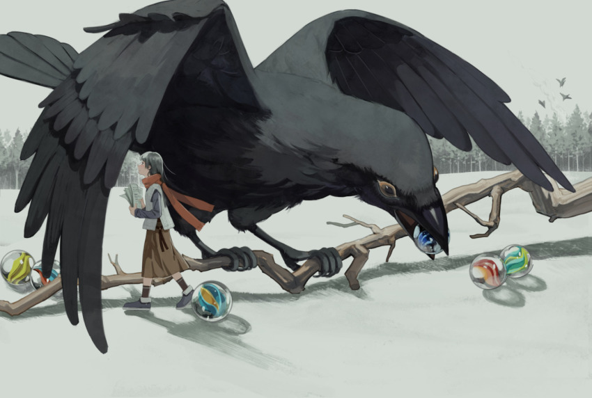 1girl bird black_hair blue_shirt brown_skirt clea_(geee13) crow marble mini_person minigirl original outdoors profile red_scarf scarf shadow shirt shoes skirt solo tree vest walking white_vest