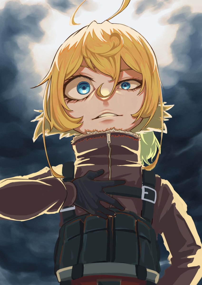 1girl ahoge artist_request blonde_hair female_focus gesugao highres looking_at_viewer solo tagme tanya_degurechaff upper_body youjo_senki