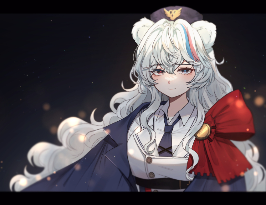1girl animal_ears arknights bear_ears bear_girl black_background blue_cape blue_eyes blue_hair blue_hat blue_necktie blush bow cape collared_shirt commentary hair_between_eyes hat heterochromia highres hyeroin jacket letterboxed light_particles long_hair looking_at_viewer multicolored_hair necktie pink_hair red_bow red_eyes revision rosa_(arknights) shirt simple_background solo streaked_hair upper_body ursus_empire_logo very_long_hair wavy_hair white_hair white_jacket white_shirt