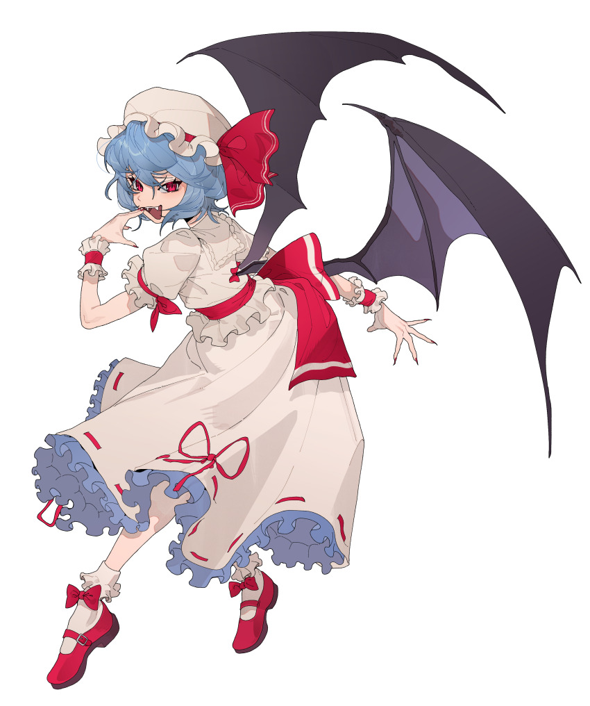 1girl absurdres back_bow bat_wings black_wings blue_hair bobby_socks bow bow_legwear commentary fang fingernails frilled_cuffs frilled_shirt frilled_shirt_collar frilled_skirt frilled_sleeves frilled_socks frills full_body hand_up hat hat_bow highres looking_at_viewer mary_janes mob_cap open_mouth puffy_short_sleeves puffy_sleeves red_bow red_eyes red_nails red_ribbon red_shoes remilia_scarlet ribbon ribbon-trimmed_skirt ribbon_trim sharp_fingernails shimiya_jin shirt shoes short_hair short_sleeves skirt skirt_set sleeve_ribbon smile socks solo touhou vest white_background white_hat white_shirt white_skirt white_socks wings wrist_cuffs