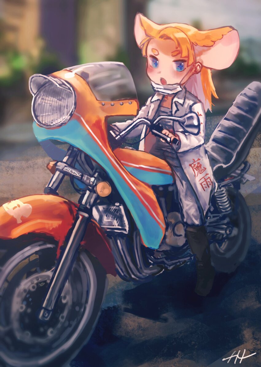 +_+ 1girl aged_down alternate_costume alternate_hairstyle animal_ears artist_name biker_clothes black_boots blue_eyes blurry blurry_background blush bodysuit boots bousouzoku clothes_writing coat delinquent depth_of_field extra_ears flat_chest full_body highres indie_virtual_youtuber jacket long_hair long_sleeves looking_at_viewer mau-chan_(7name) motor_vehicle motorcycle mouse_girl multicolored_hair naname_(7name) open_clothes open_jacket open_mouth orange_hair outdoors road shadow signature solo tokkoufuku translated white_jacket