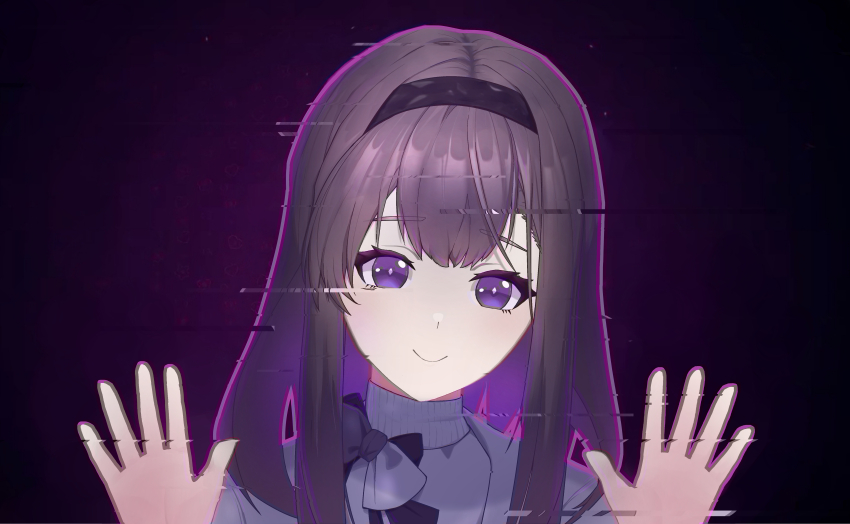1girl :&gt; absurdres arknights black_background black_hairband bow brown_hair center-flap_bangs closed_mouth commentary diamond-shaped_pupils diamond_(shape) double-parted_bangs glitch grey_bow hairband highres kushaaaa4 looking_at_viewer medium_hair miside open_hands outline palms parody portrait priestess_(arknights) purple_eyes purple_outline simple_background smile solo spread_fingers sweater symbol-only_commentary symbol-shaped_pupils trait_connection turtleneck turtleneck_sweater two-tone_bow variant_set white_bow white_sweater