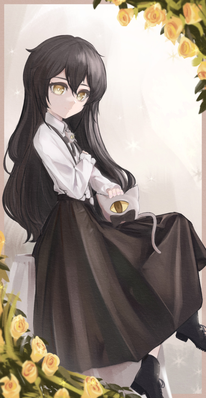 1girl absurdres ahoge bare_shoulders black_bow black_bowtie black_hair black_shoes bow bowtie flat_chest flower grimmi_(vtuber) highres horror_(theme) indie_virtual_youtuber long_hair long_skirt memoriaev pale_skin pencil petite petting shirt shoes sidelocks sitting sitting_on_table skelter_(grimmivt) skirt suspender_skirt suspenders table very_long_hair virtual_youtuber white_shirt yellow_eyes yellow_flower
