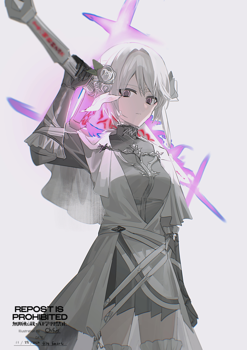 1girl arm_up au_ra breasts chihuri closed_mouth cowboy_shot dated dragon_horns elbow_gloves final_fantasy final_fantasy_xiv flower gloves glowing grey_background grey_flower grey_gloves grey_hair grey_jacket grey_rose grey_skirt hair_flower hair_ornament highres holding holding_weapon horns jacket medium_breasts pink_eyes pleated_skirt rose scales signature simple_background skirt warrior_of_light_(ff14) watermark weapon