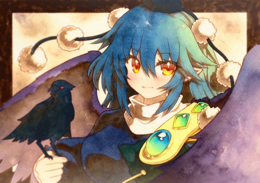 1girl animal_ears black_hair blue_dress blue_hair blue_hat breasts dress fox_ears hair_between_eyes hat highres iizunamaru_megumu long_hair long_sleeves open_mouth pointy_ears pom_pom_(clothes) rinka_(qqqrinkappp) short_hair short_sleeves shoulder_guard smile solo tokin_hat touhou