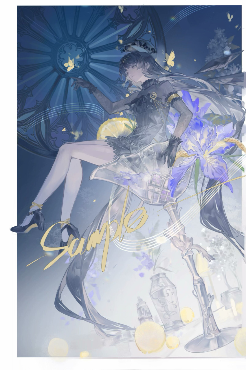 1girl absurdres arknights black_dress black_eyes black_gloves black_hair black_shoes black_sleeves blue_background border bottle broken_halo bug butterfly chinese_commentary commentary_request cup dress flower food fruit full_body gloves gradient_background halo hand_up highres in_container in_cup insect lemon lemon_slice lin_qing_(phosphorus_1104) long_hair long_sleeves purple_flower sample_watermark shoes sitting solo very_long_hair virtuosa_(arknights) virtuosa_(diversity_oneness)_(arknights) watermark wings yellow_butterfly