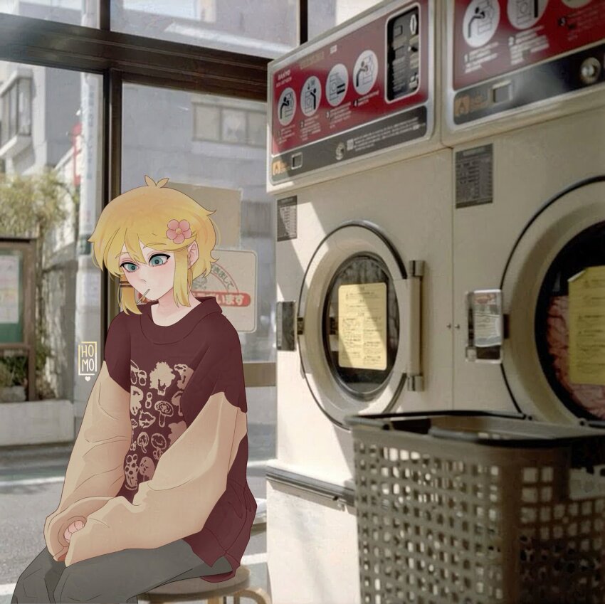 1boy alternate_costume antenna_hair basil_(faraway)_(omori) basil_(omori) blonde_hair blue_eyes closed_mouth flower hair_flower hair_ornament hairclip highres honeymoonyart laundromat male_focus omori pants photo_background short_hair solo sweatpants washing_machine