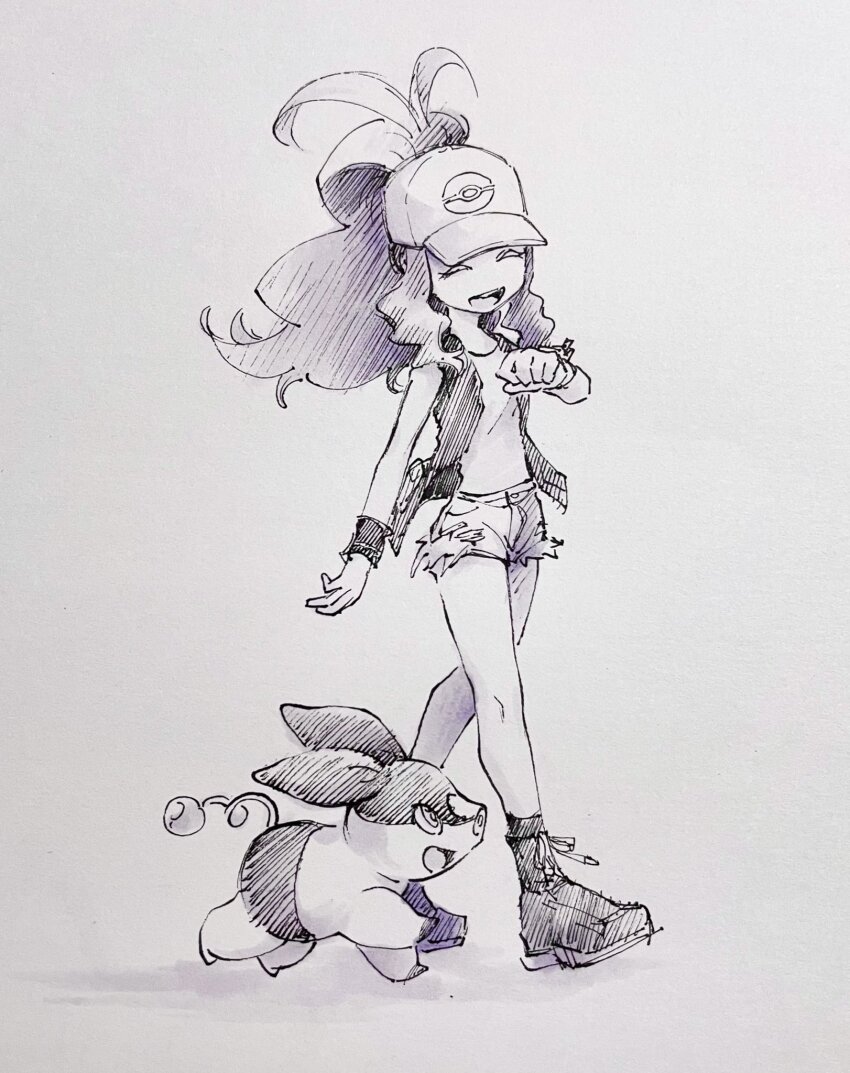 1girl :d baseball_cap closed_eyes creatures_(company) denim denim_shorts full_body game_freak gen_5_pokemon greyscale hat high_ponytail highres hilda_(pokemon) long_hair looking_at_another monochrome nintendo open_mouth pig poke_ball_print pokemon pokemon_(creature) pokemon_bw ponytail short_shorts shorts sidelocks simple_background smile standing tan_carbonnn tepig vest white_background wristband