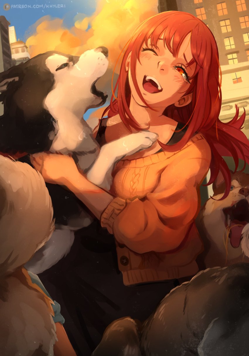 2girls absurdres blonde_hair blood building chainsaw_man cloud commentary dog english_commentary eyelashes floating_hair highres husky khyle. long_hair makima_(chainsaw_man) multiple_girls nostrils one_eye_closed open_mouth outdoors patreon_logo patreon_username raised_eyebrows red_hair ringed_eyes skyscraper solo_focus teeth tongue tongue_out upper_teeth_only watermark web_address