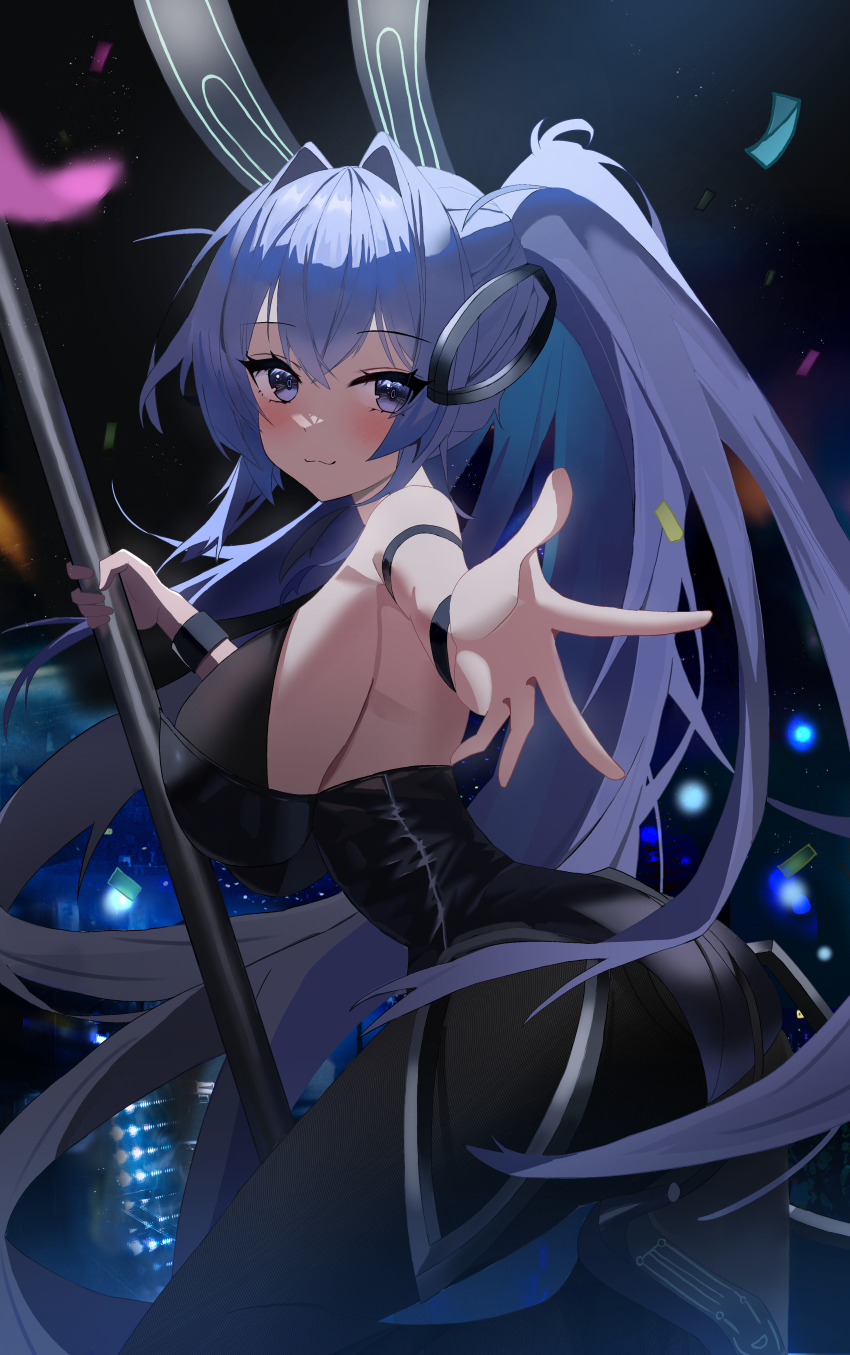 1girl absurdres animal_ears azur_lane black_leotard black_pantyhose blue_eyes blue_hair bodystocking breasts commentary confetti cowboy_shot english_commentary fake_animal_ears from_side highres large_breasts leotard long_hair looking_at_viewer new_jersey_(azur_lane) new_jersey_(exhilarating_steps!)_(azur_lane) official_alternate_costume oversized_breast_cup pantyhose playboy_bunny pole rabbit_ears reaching reaching_towards_viewer solo strapless strapless_leotard stripper_pole very_long_hair wynnblue