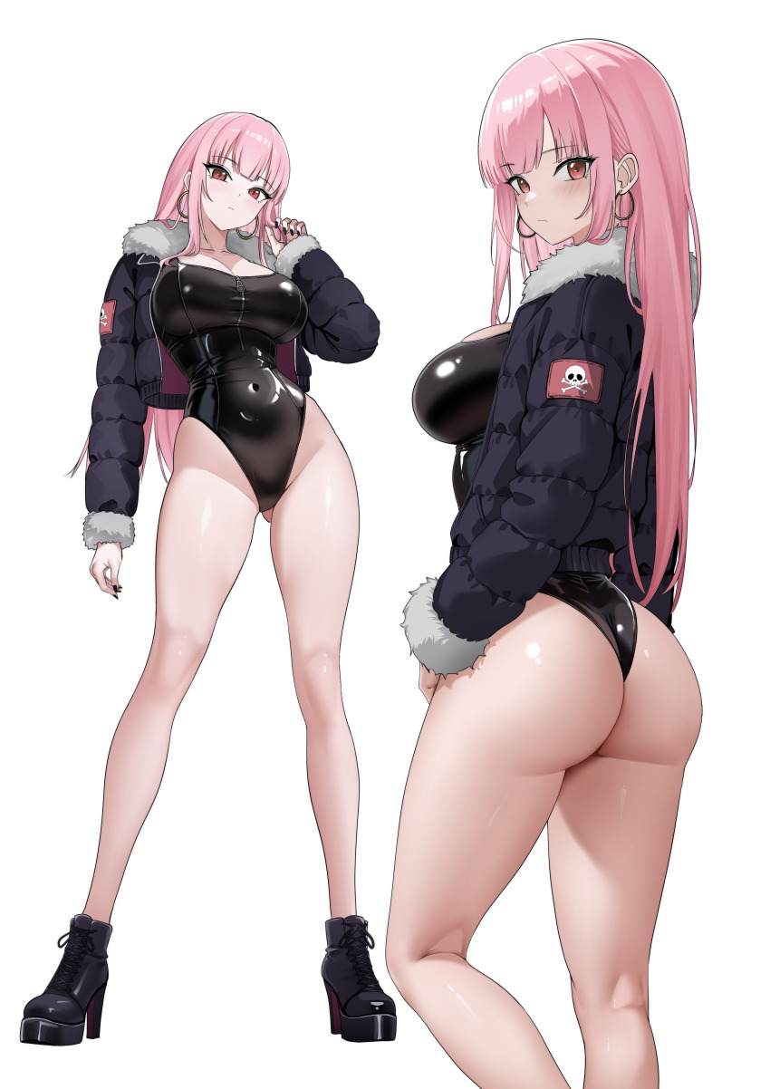 1girl absurdres alternate_costume ankle_boots ass bare_legs black_boots black_jacket black_leotard black_nails blunt_bangs blush boots breasts cleavage closed_mouth commentary covered_navel earrings fingernails from_behind from_side full_body fur-trimmed_jacket fur_trim groin highleg highleg_leotard highres hololive hololive_english hoop_earrings jacket jewelry large_breasts leotard long_hair long_sleeves looking_at_viewer mori_calliope multiple_views open_clothes open_jacket padded_jacket pink_hair platform_boots raikkonen red_eyes sideboob simple_background skull_and_crossbones thighs turning_head twirling_hair virtual_youtuber white_background zipper zipper_leotard