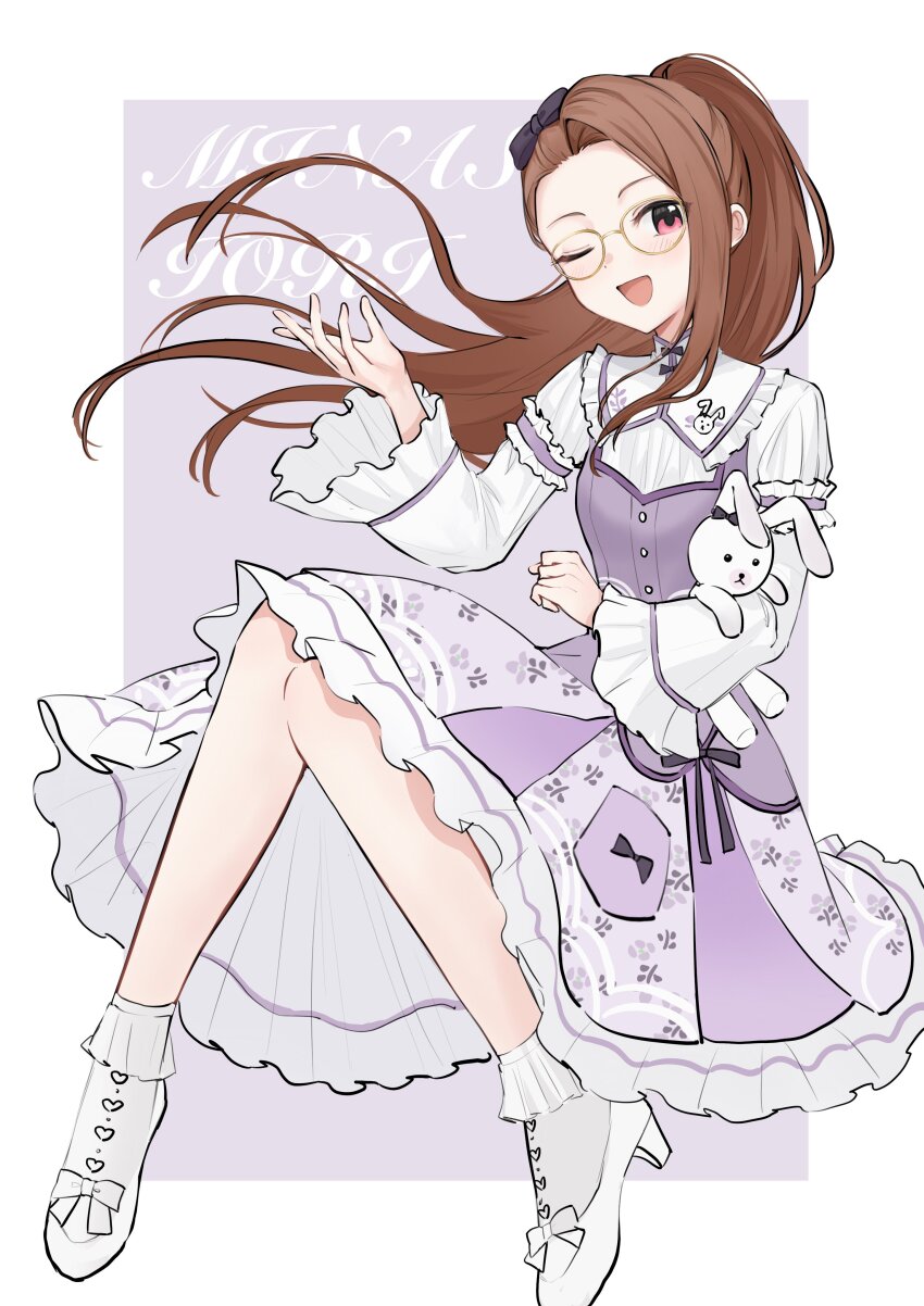 1girl absurdres aburi-gatana asymmetrical_bangs bespectacled border breasts brown_hair buttons character_name dot_nose dress eyelashes floral_print floral_print_dress frilled_dress frilled_footwear frills glasses hair_ribbon highres idolmaster idolmaster_(classic) idolmaster_million_live! idolmaster_million_live!_theater_days invisible_chair light_blush long_hair long_sleeves looking_at_viewer minase_iori official_alternate_costume official_alternate_hairstyle one_eye_closed open_mouth outside_border pink_eyes ponytail purple_background purple_dress ribbon shoes single_sidelock sitting small_breasts smile solo swept_bangs usa-chan_(idolmaster) very_long_hair white_border white_shoes wide_sleeves