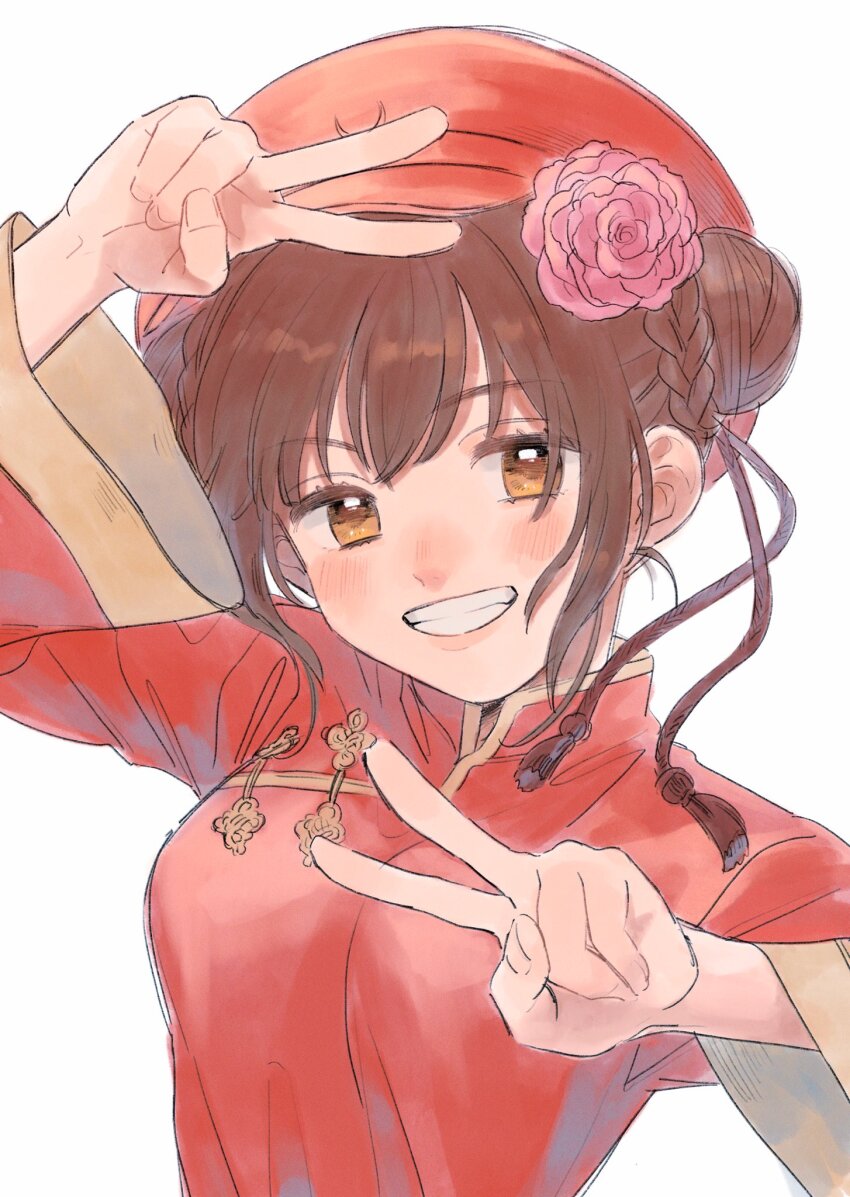 1girl axis_powers_hetalia blush braid breasts brown_eyes brown_hair changpao china_(female)_(hetalia) china_(hetalia) chinese_clothes double_bun double_v fingernails flower genderswap genderswap_(mtf) hair_between_eyes hair_bun hair_flower hair_ornament hands_up hat highres long_sleeves looking_at_viewer mandarin_collar medium_breasts non0v0_aph pink_flower red_hat red_shirt shirt short_hair simple_background smile solo tassel teeth upper_body v visor_cap white_background wide_sleeves