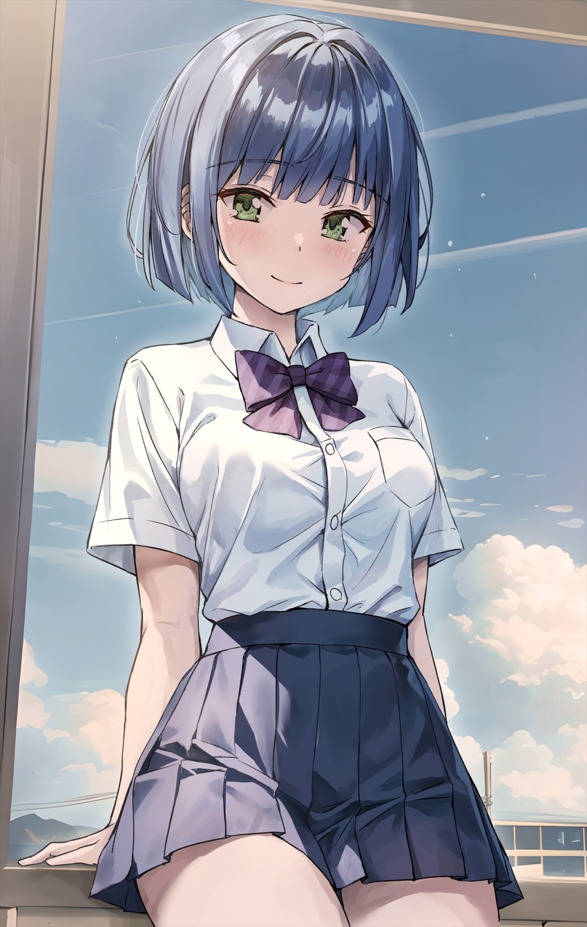 1girl black_skirt blue_hair blue_sky blunt_bangs blush bow bowtie breast_pocket breasts closed_mouth cloud collared_shirt commentary_request diagonal-striped_bow diagonal-striped_bowtie diagonal-striped_clothes green_eyes highres izumi_hina_(neet_kunoichi) koyuki_(kotatsu358) looking_at_viewer medium_breasts neet_de_otaku_na_kunoichi_to_naze_ka_dousei_hajimemashita paid_reward_available pocket purple_bow purple_bowtie school_uniform shirt short_hair skirt sky smile solo standing striped_clothes summer_uniform white_shirt