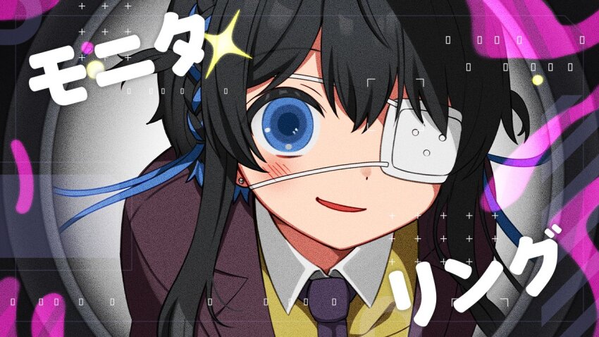 1girl black_hair blue_eyes blue_hair braid brown_jacket collared_shirt commentary_request earrings eyepatch indie_virtual_youtuber jacket jewelry kurata_rine kurata_rine_(vtuber) long_hair looking_at_viewer medical_eyepatch monitoring_(vocaloid) multicolored_hair necktie parted_lips purple_necktie shirt smile solo stud_earrings translation_request two-tone_hair two_side_up upper_body virtual_youtuber white_shirt