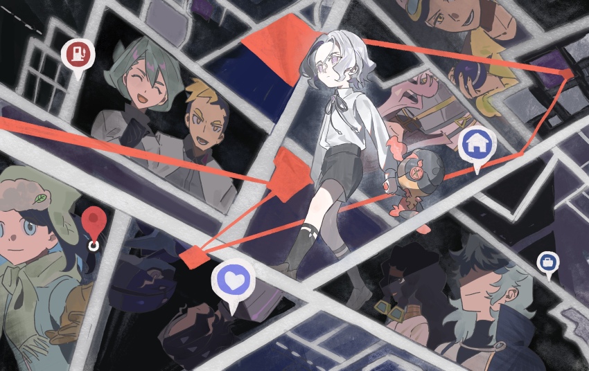3girls 4boys absurdres aged_down amethio_(pokemon) black_shorts ceruledge chalce_(pokemon) charcadet closed_mouth collared_shirt commentary_request expressionless friede_(pokemon) gen_9_pokemon hazel_maier highres holding holding_hands holding_tera_orb liko_(pokemon) long_sleeves loose_hair_strand multicolored_hair multiple_boys multiple_girls nintendo onia_(pokemon) pokemon pokemon_(anime) pokemon_(creature) pokemon_horizons shirt shoes short_hair shorts socks spinel_(pokemon) tera_orb two-tone_hair walking white_shirt zirc_(pokemon)