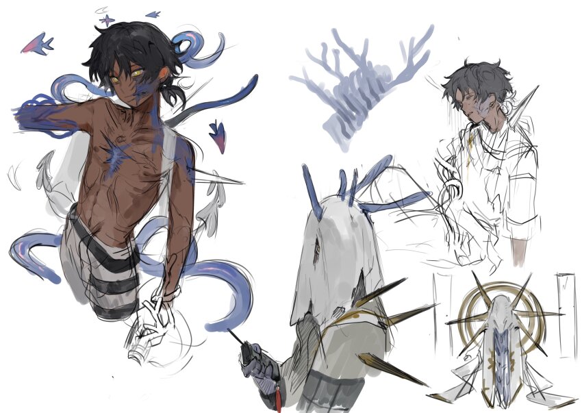 1boy absurdres arknights halo highres hood male_focus monster monsterification scar seaborn_(arknights) tentacles thorns_(arknights) topless_male yellow_eyes yomotobi