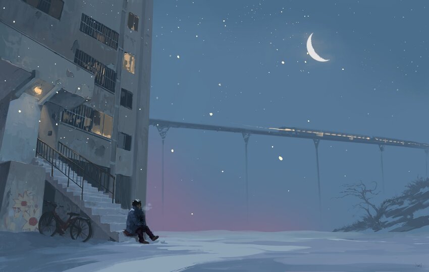 1boy apartment bare_tree barred_window building city crescent_moon elevated_railway hill moon night night_sky original pillar railing scenery shadow sky slow_d snow solo stairs train tree window
