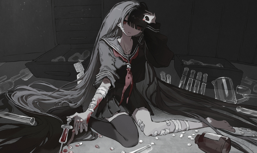 1girl absurdly_long_hair absurdres bandages barefoot beaker black_hair black_pantyhose black_serafuku blood blood_on_arm cabinet commentary drawer gauze hair_between_eyes hair_over_one_eye highres holding holding_pill kneeling lankilanki light_smile long_hair long_sleeves measuring_cylinder necktie needle open_drawer original pantyhose pill pill_bottle red_eyes red_necktie school_uniform serafuku solo test_tube test_tube_rack very_long_hair