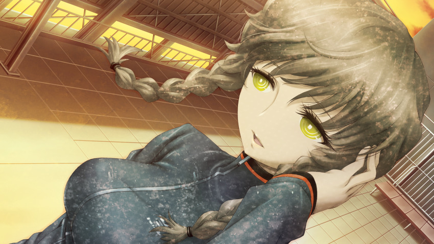 1girl amane_suzuha blue_jacket braid breasts brown_hair cloud cloudy_sky dutch_angle floating_hair game_cg hair_between_eyes hair_tie hand_on_own_head high_collar highres huke jacket long_sleeves looking_to_the_side medium_breasts official_art on_rooftop open_mouth orange_sky ringed_eyes rooftop shiny_lips sky solo square_pupils steins;gate sunset tile_floor tiles tongue track_jacket twin_braids twintails wind wind_lift yellow_eyes zipper zipper_pull_tab