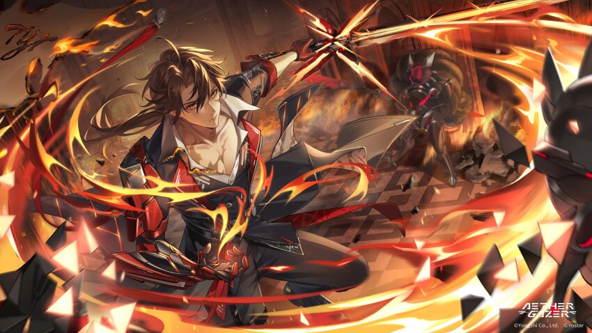 1boy absurdres aether_gazer black_jacket black_pants black_vest brown_hair burning burning_paper character_name closed_mouth collarbone commentary english_commentary fire flaming_sword flaming_weapon gloves hair_between_eyes highres holding holding_sword holding_weapon jacket kongzao long_hair looking_at_viewer male_focus mechanical_arms mechanical_hands monster orange_eyes orange_theme pants red_gloves scar scar_on_chest single_glove single_mechanical_arm single_mechanical_hand slashing solo sword tyr_(aether_gazer) v-shaped_eyebrows vest weapon