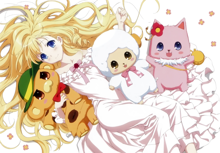 10s 1girl absurdres amagi_brilliant_park bare_shoulders blonde_hair blue_eyes character_doll dress drill_hair female_focus frilled_dress frills highres latifa_fleuranza long_hair lying macaron_(amaburi) moffle nightgown official_art on_back smile solo stuffed_toy tiramii